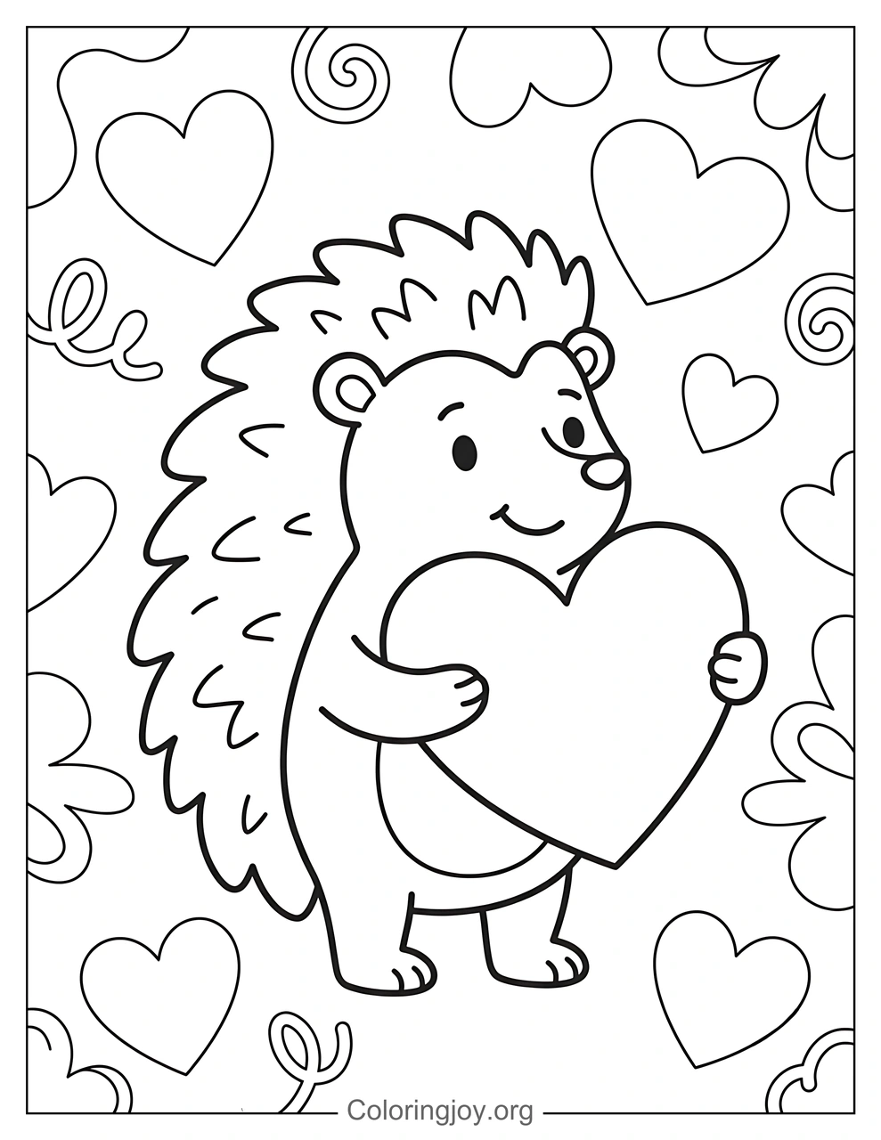 Página para colorear de erizo de San Valentín