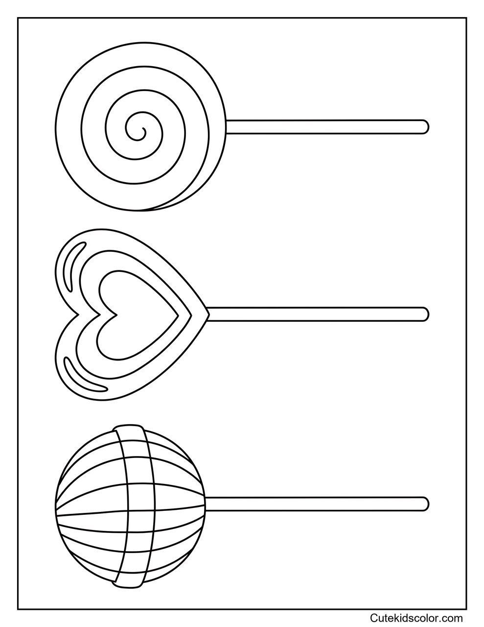Hoja para colorear de tres piruletas diferentes en una página