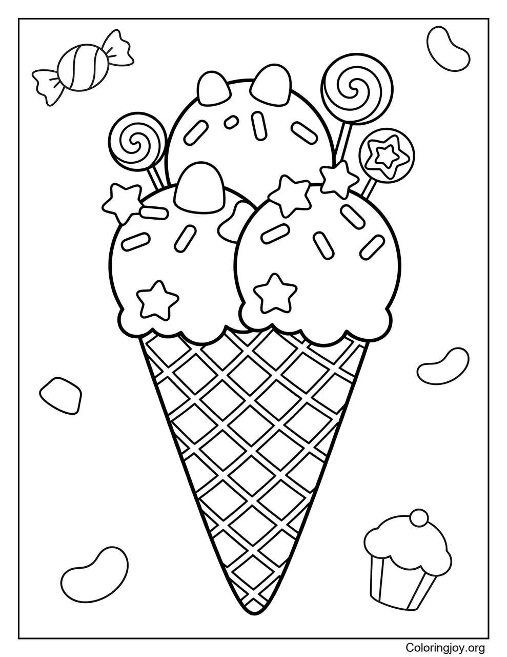 Un cono decorado con trozos de caramelo