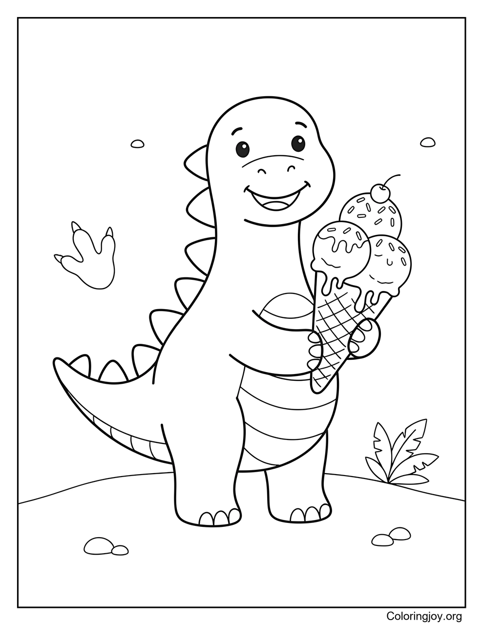 Un dinosaurio sosteniendo un cono de gran tamaño