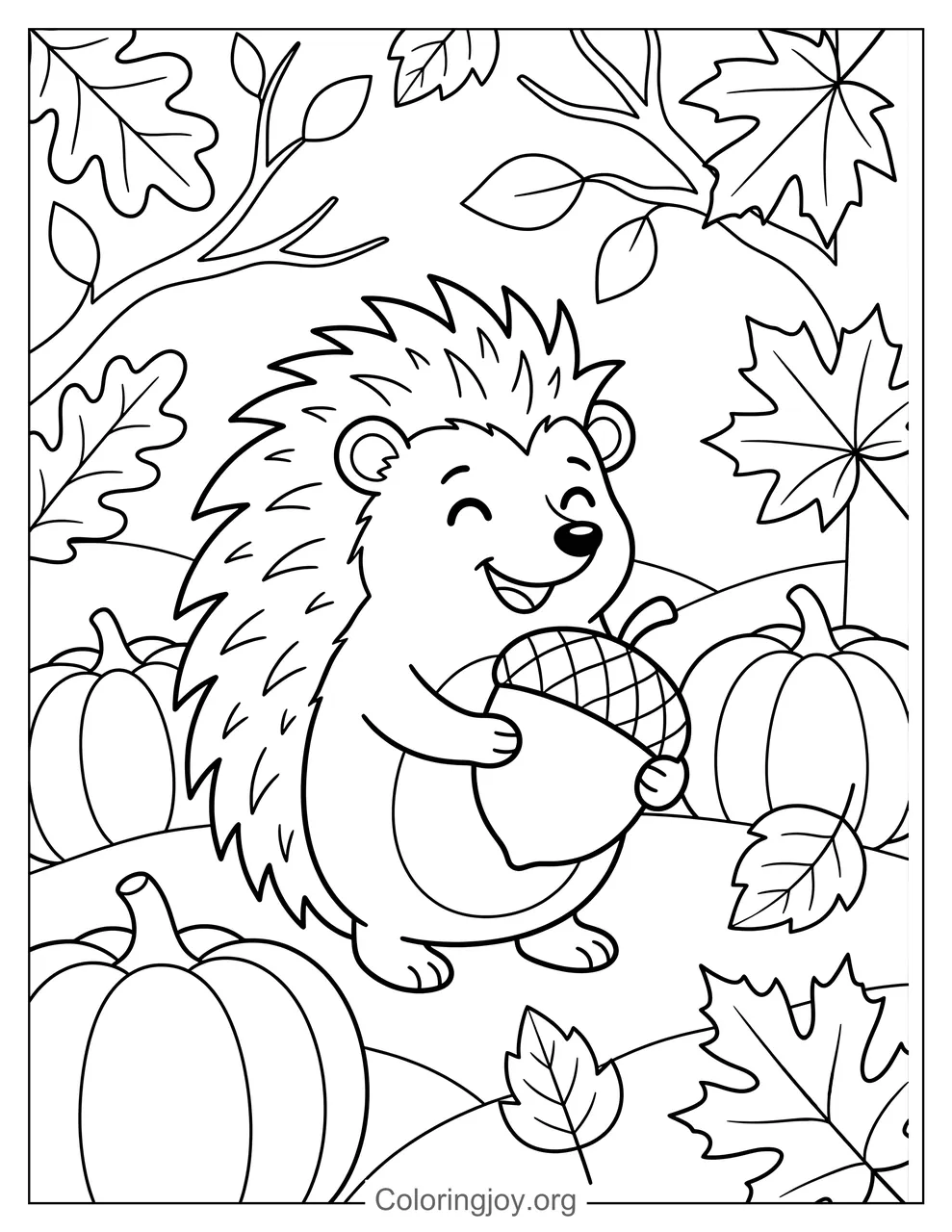 Happy Fall Hedgehog Coloring Page