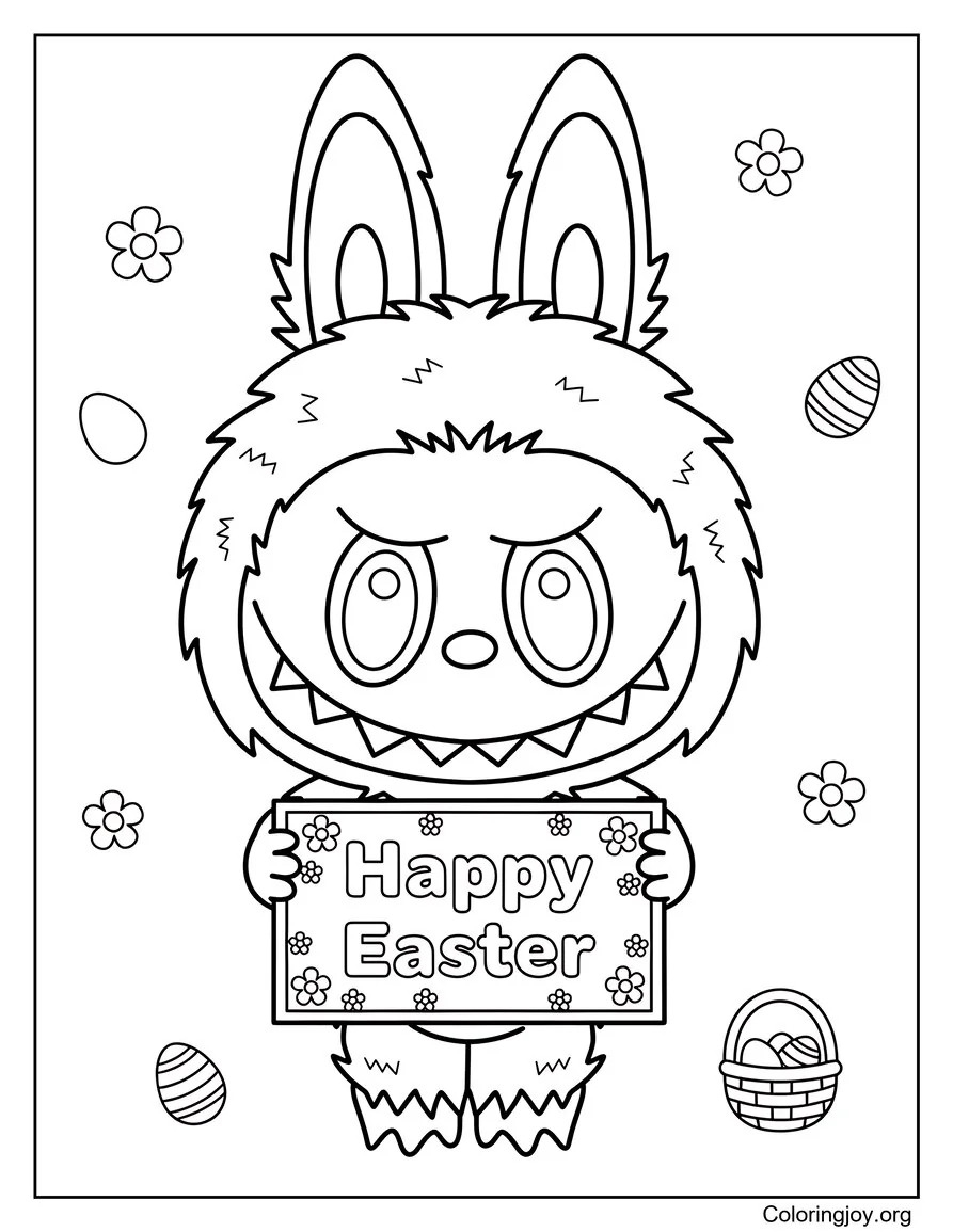 This sweet page shows Labubu holding a Happy Easter sign with flowers.