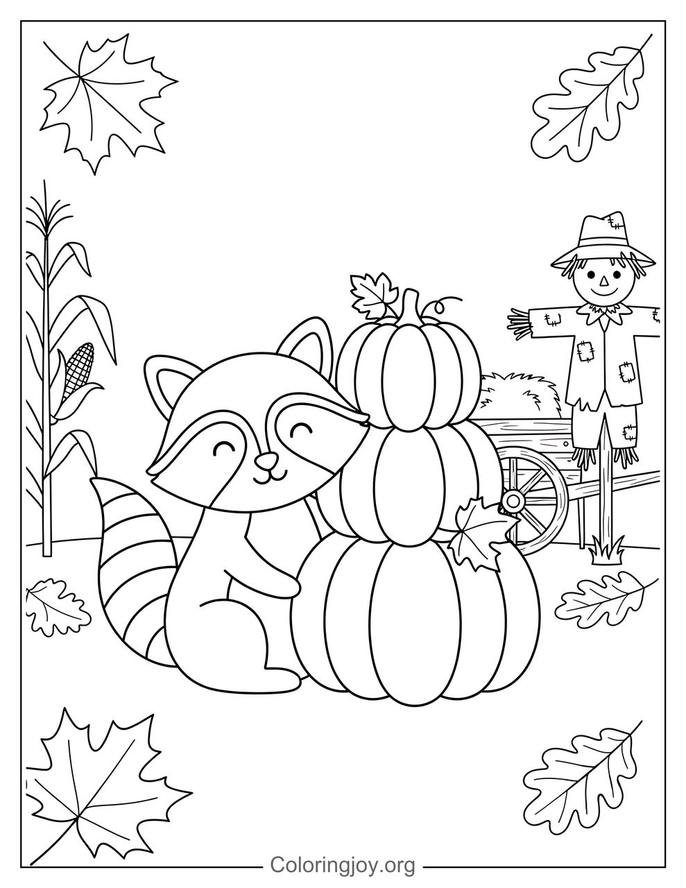Raccoon with Pumpkins Coloring Page