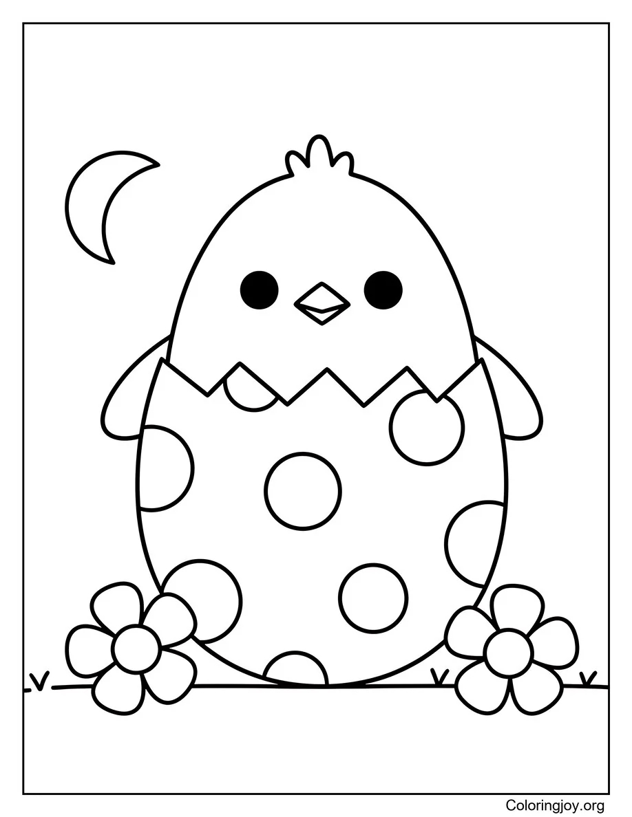 This chick pops out of a polka-dot eggshell with flowers around it.