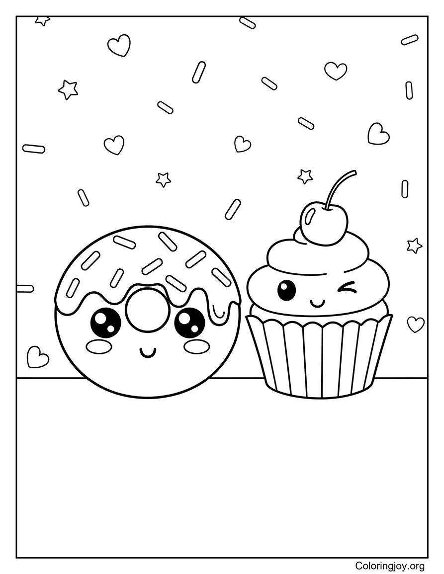 A smiling donut stands next to a happy cupcake, ready for fun.