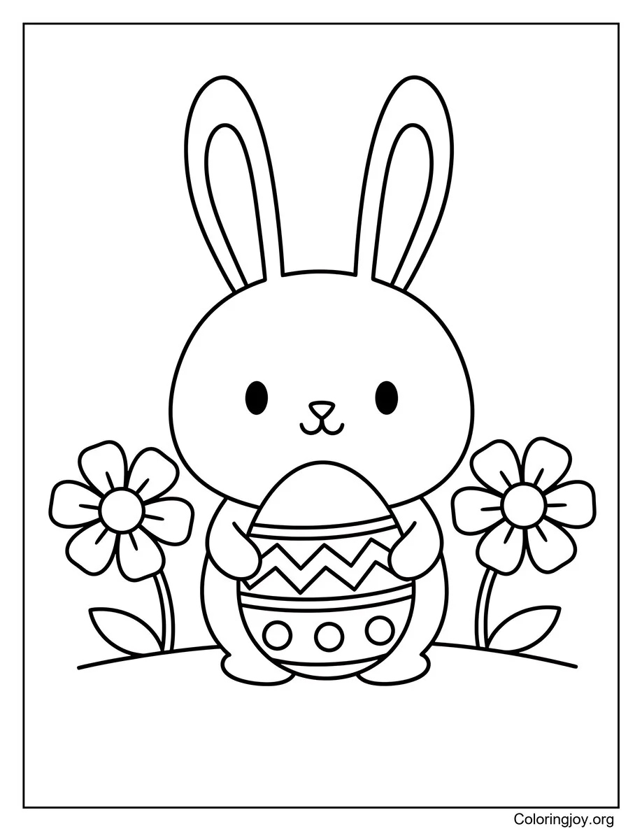 A cute bunny stands beside a decorated egg in a simple scene.