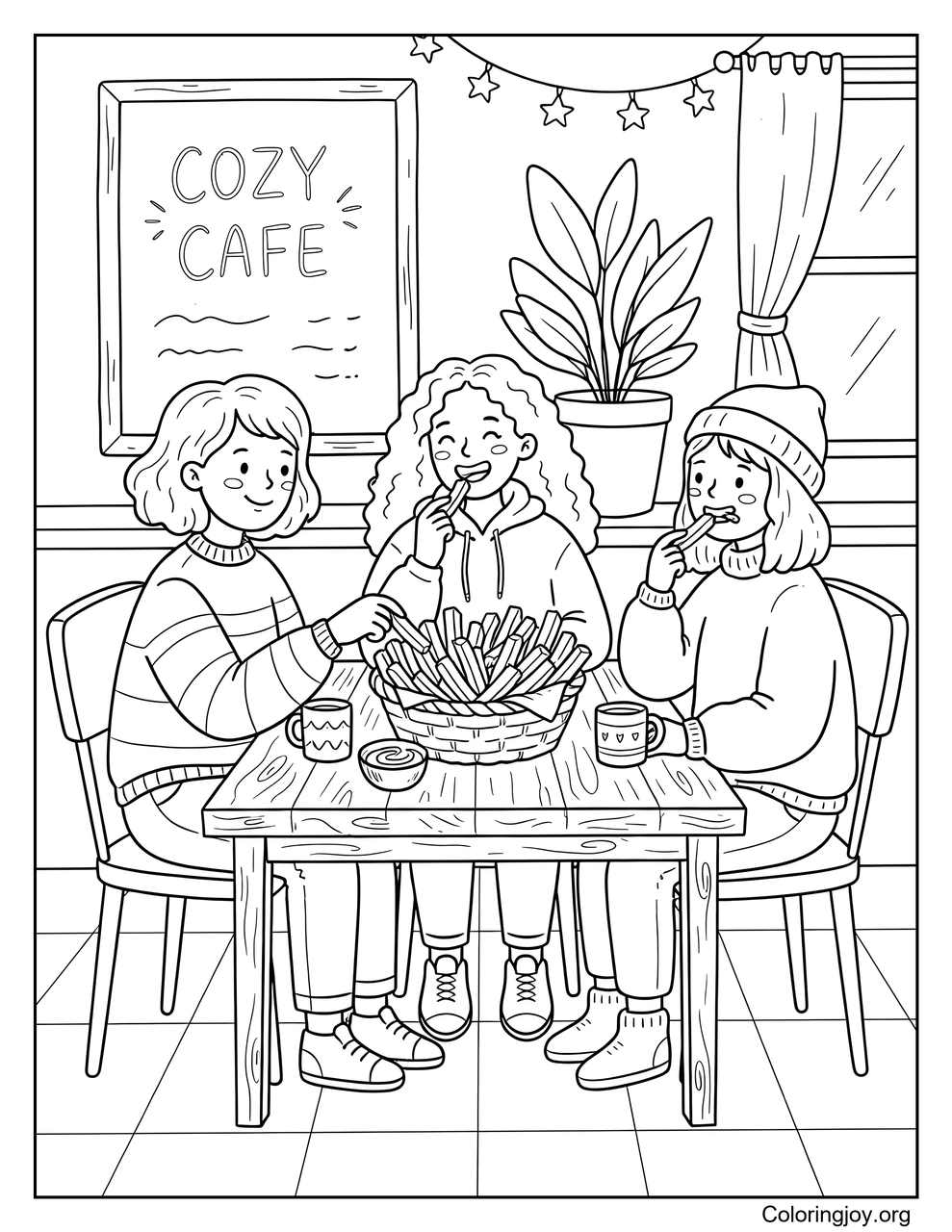 A group of friends is happily sharing a giant basket of fries.