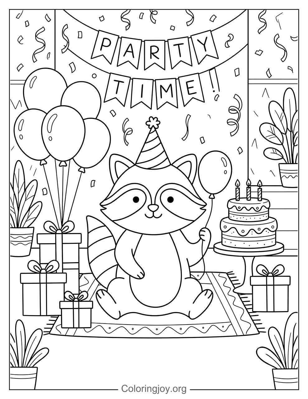 Raccoon Birthday Party Coloring Page