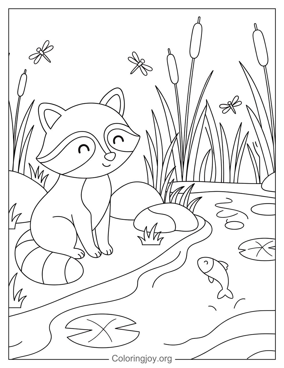 Raccoon by a River Coloring Page