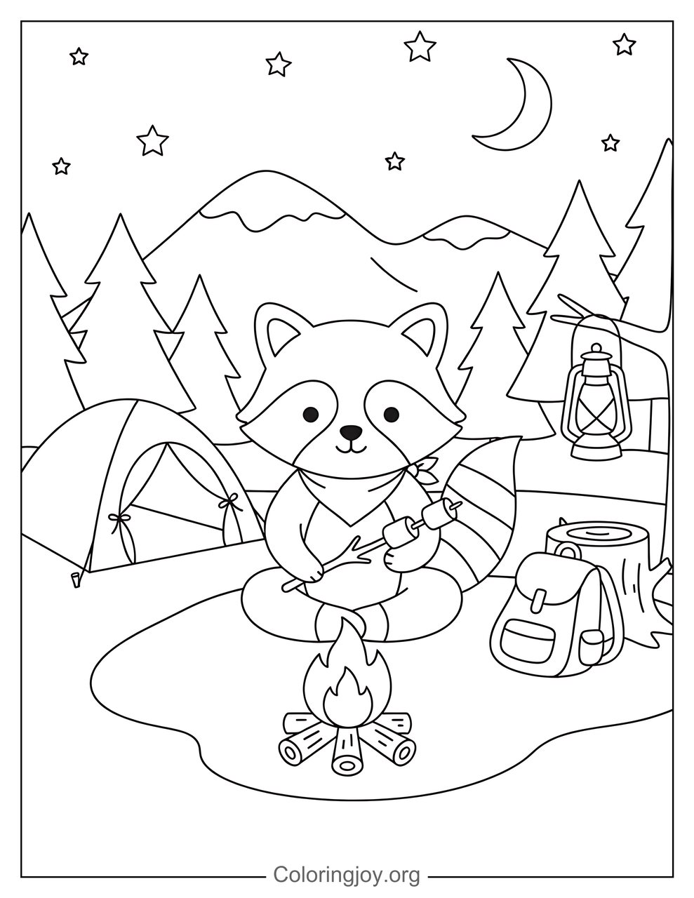 Raccoon Camping Coloring Page