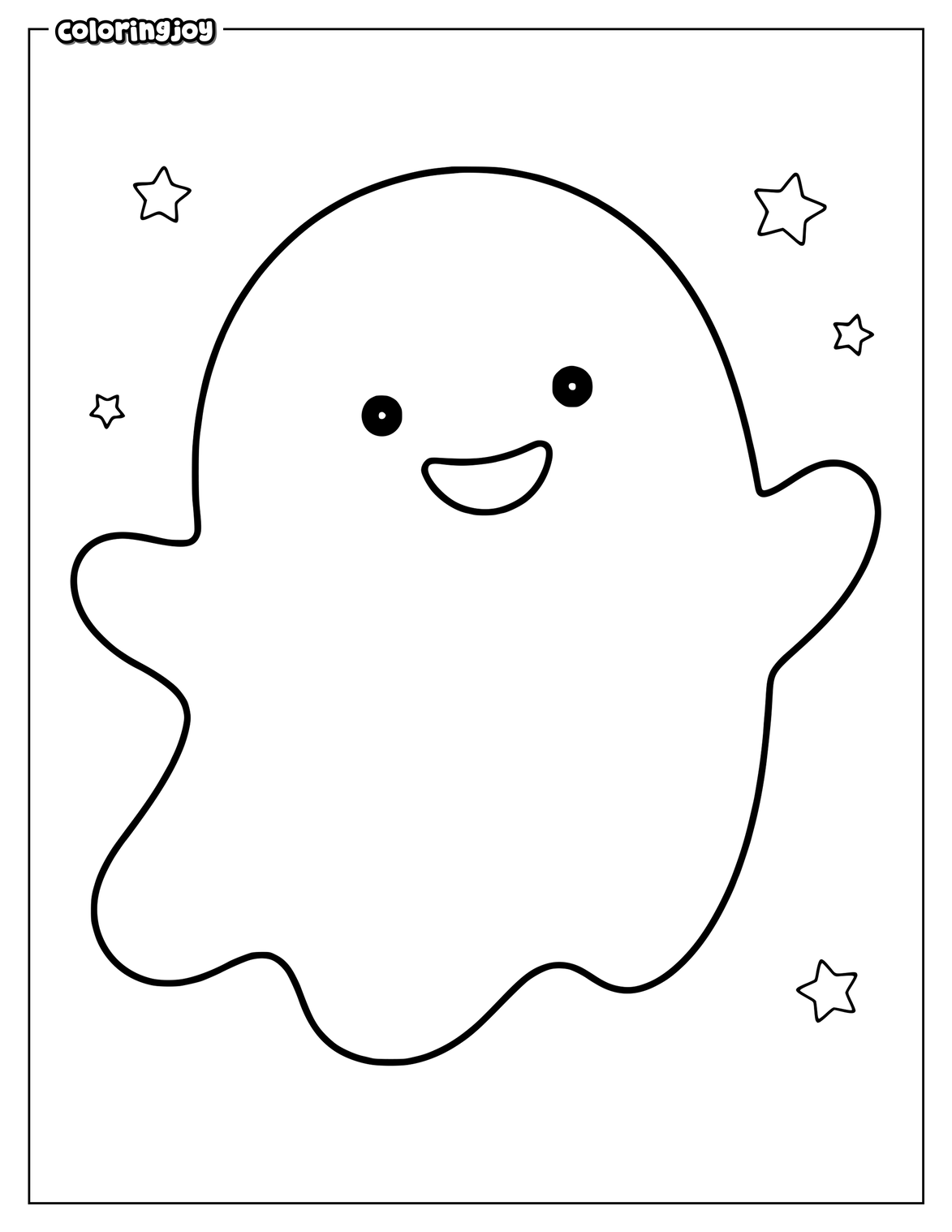 Friendly ghost floats beside three tiny Halloween stars.