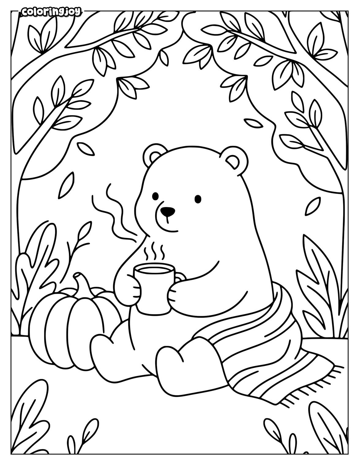Raccoon Walking Through Fall Forest Coloring Page