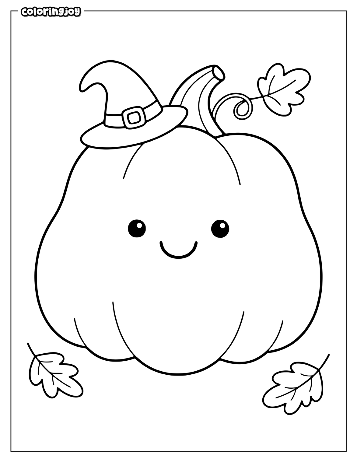 Cute pumpkin wears a witch hat beside autumn leaves.