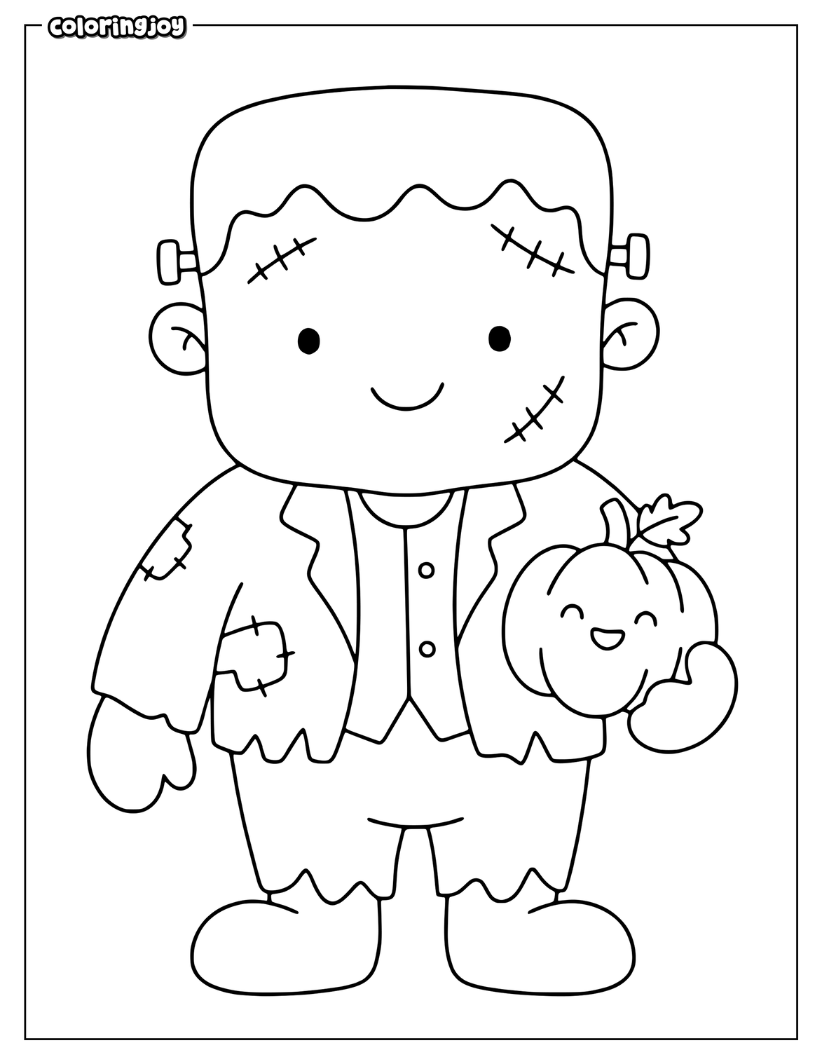 Friendly Frankenstein holds a small pumpkin for Halloween.
