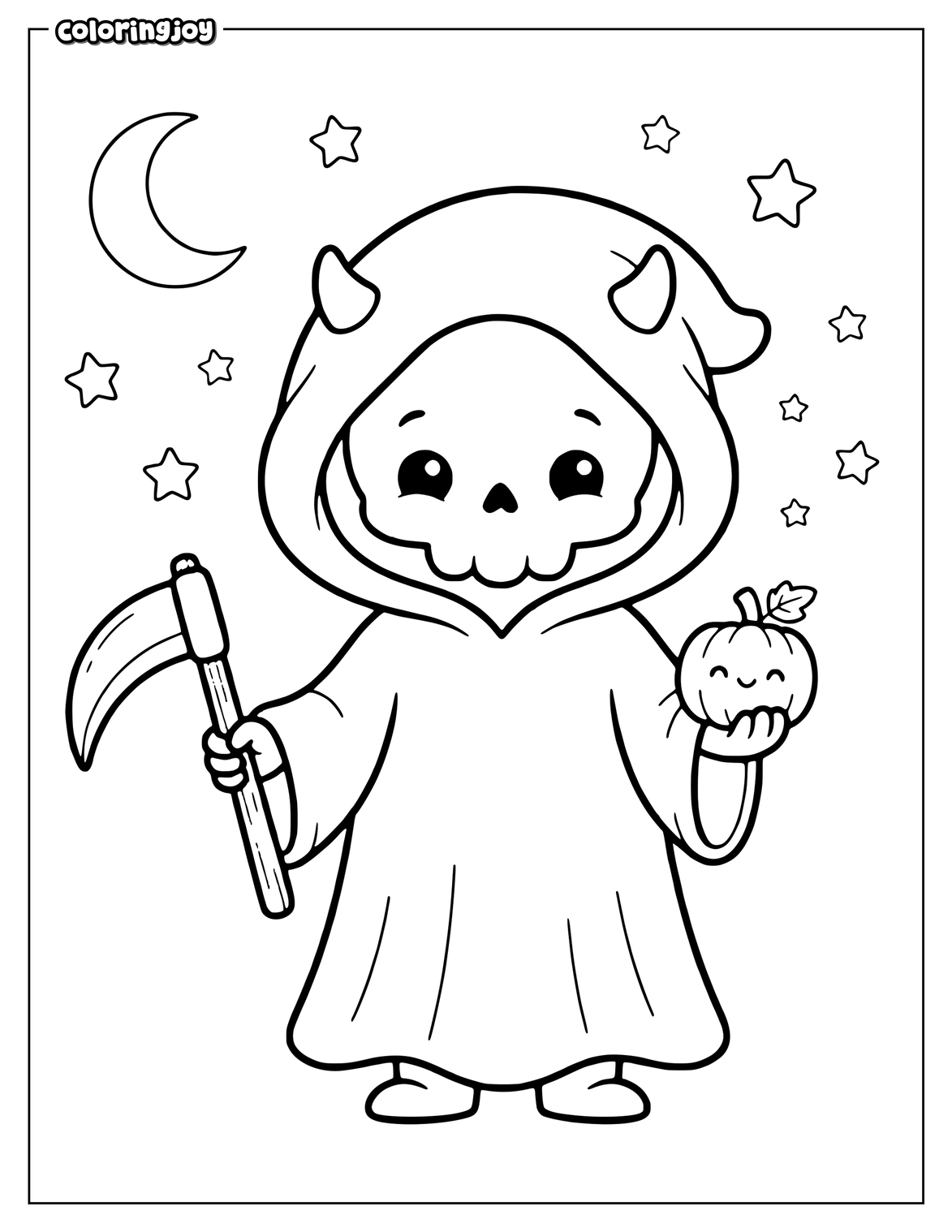 Cute grim reaper carries a small pumpkin under Halloween stars.