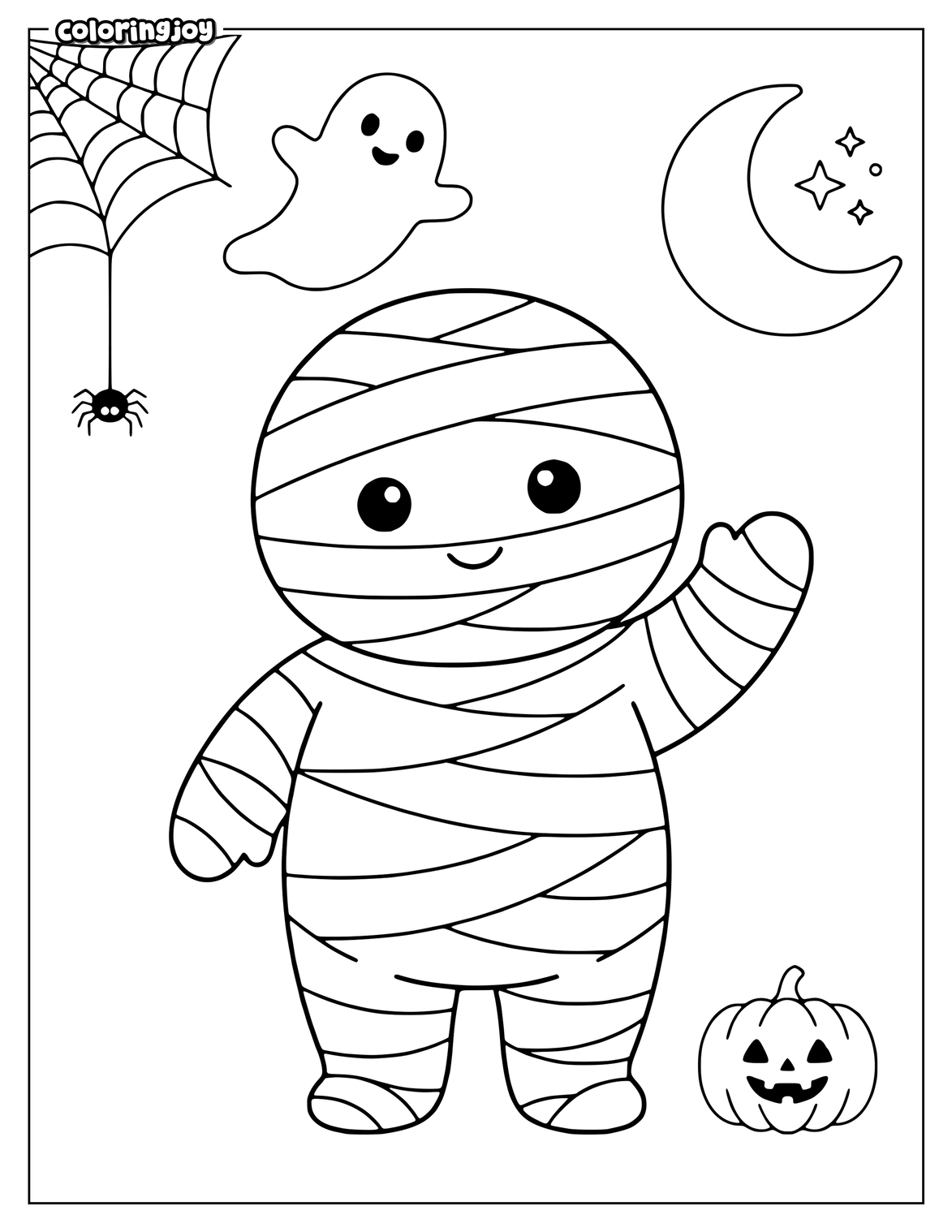 Cute mummy waves beside a tiny Halloween pumpkin.