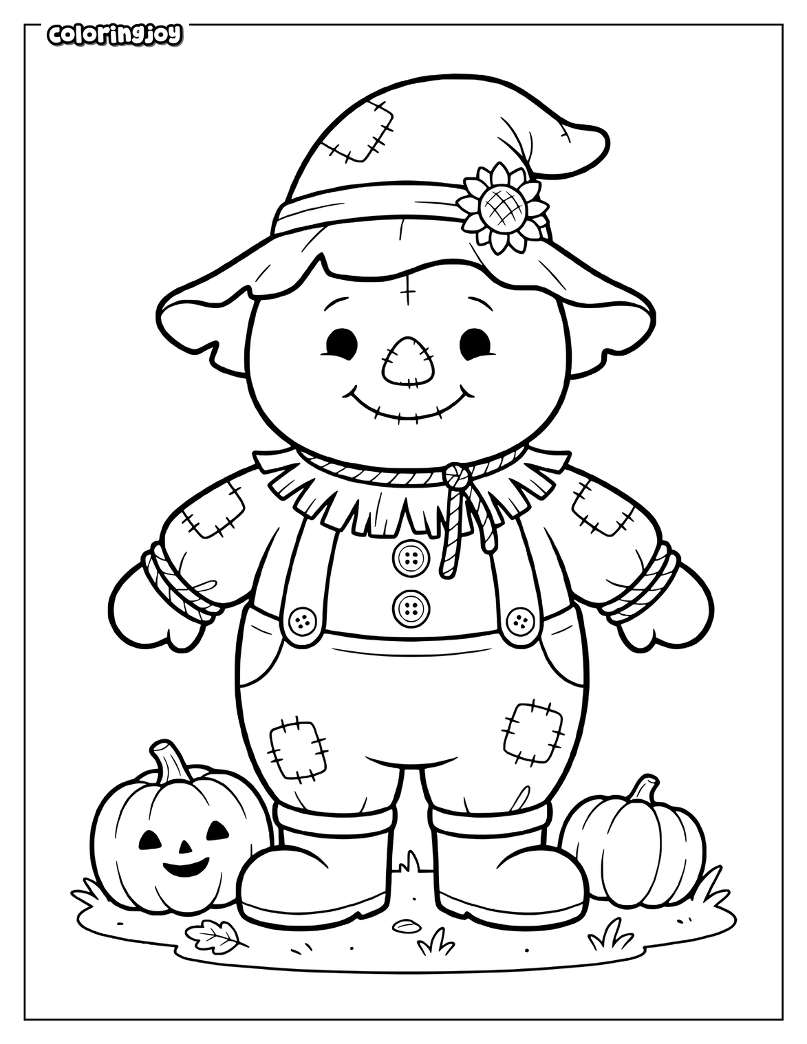 Happy scarecrow stands beside pumpkins during Halloween.