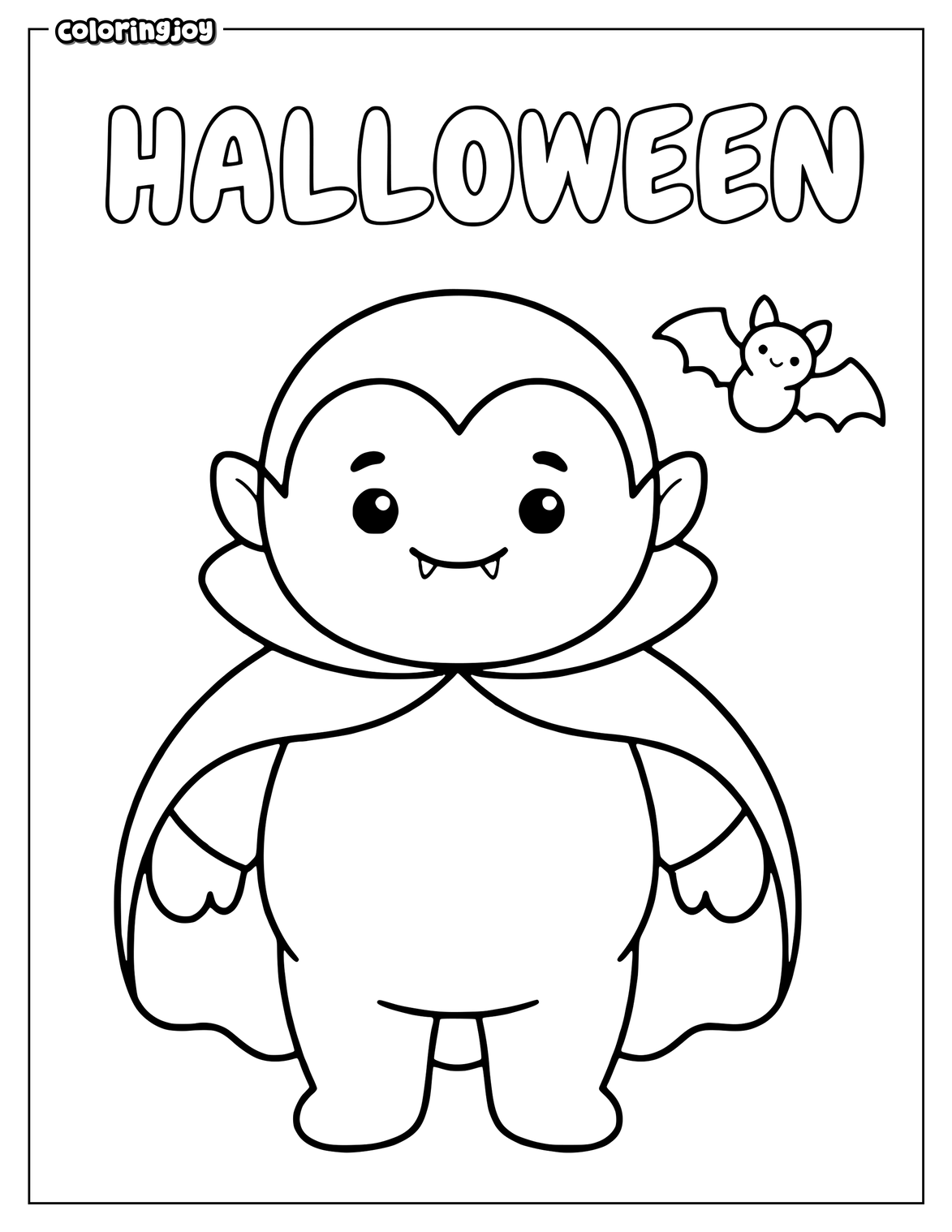 Cute vampire smiles with a tiny Halloween bat nearby.