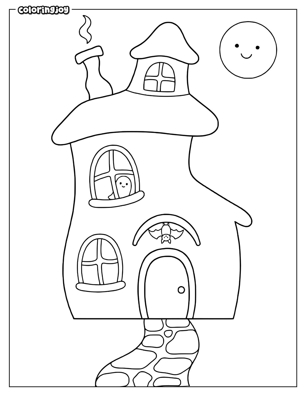 Tiny haunted house stands beneath a Halloween moon.