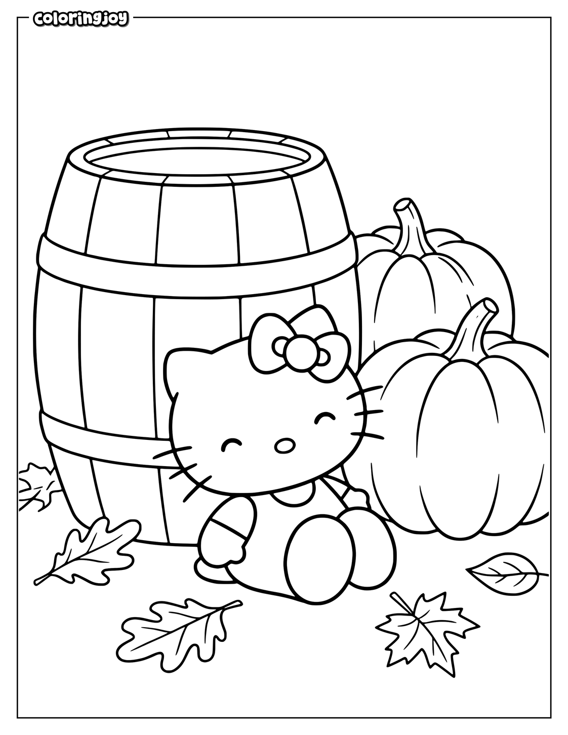 Pumpkins and Wooden Barrel With Hello Kitty.