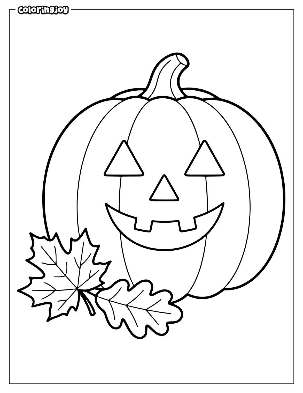Smiling jack-o'-lantern rests beside two autumn leaves.