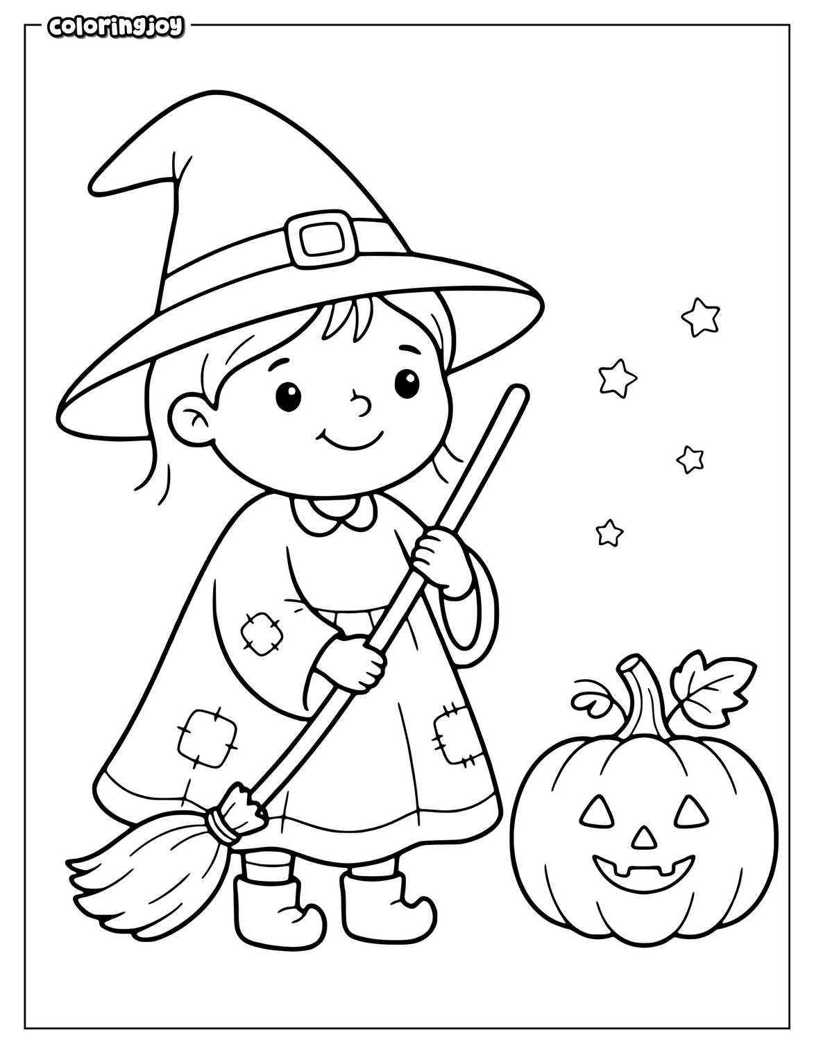 Little witch smiles beside a pumpkin and Halloween stars.