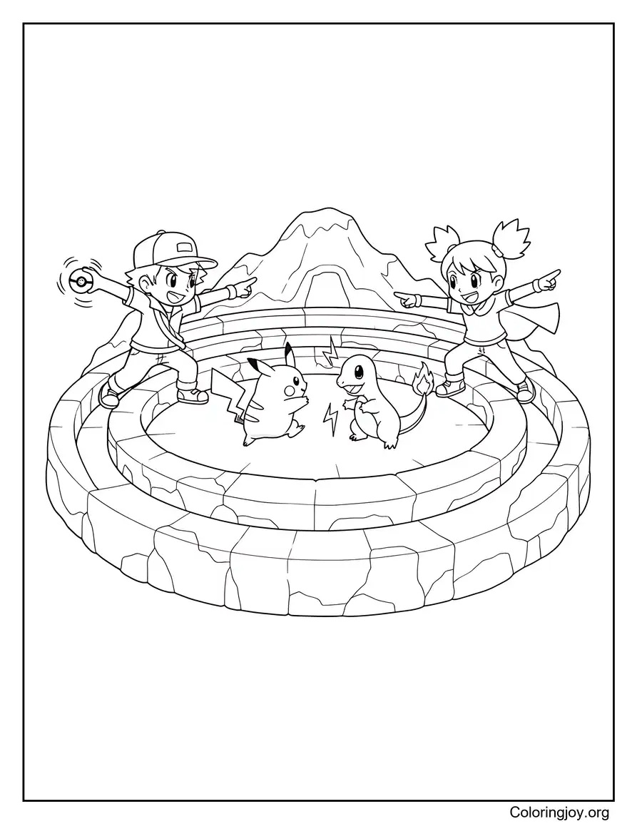 Mountain Battle Arena with Trainers Coloring Page