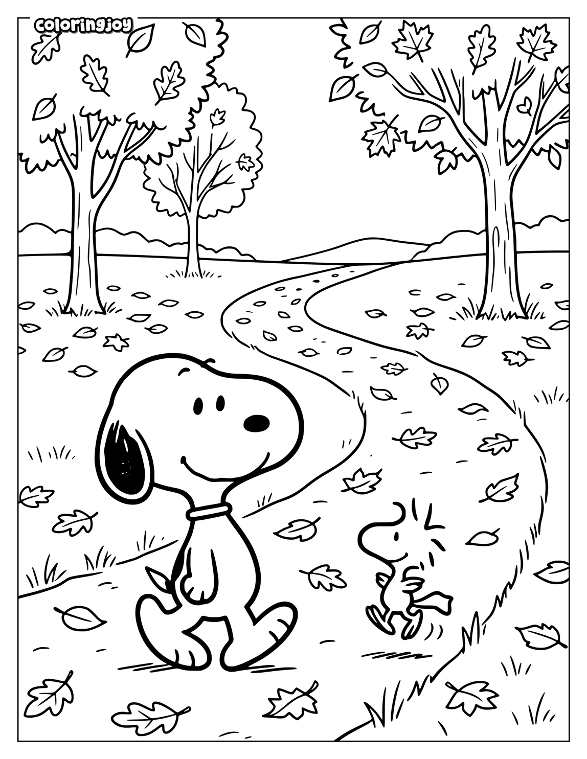 Snoopy and Woodstock walk together through a quiet autumn forest path.