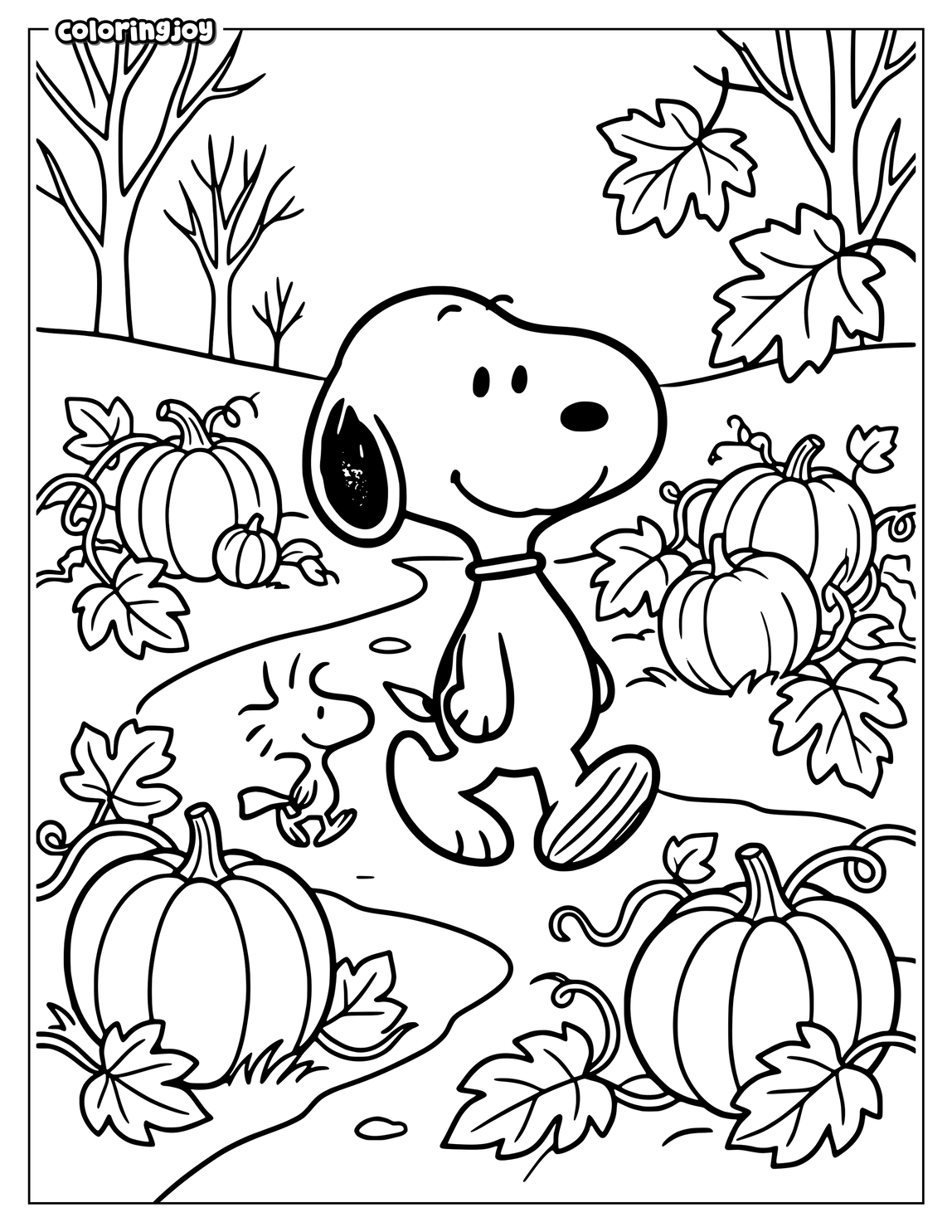 Snoopy and Woodstock explore a small pumpkin patch during colorful autumn.