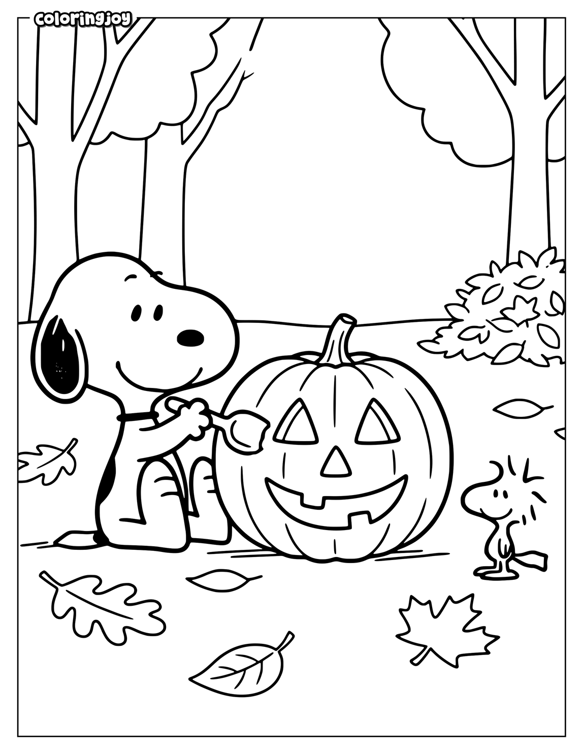 Snoopy carefully carves a simple pumpkin beside Woodstock during autumn.