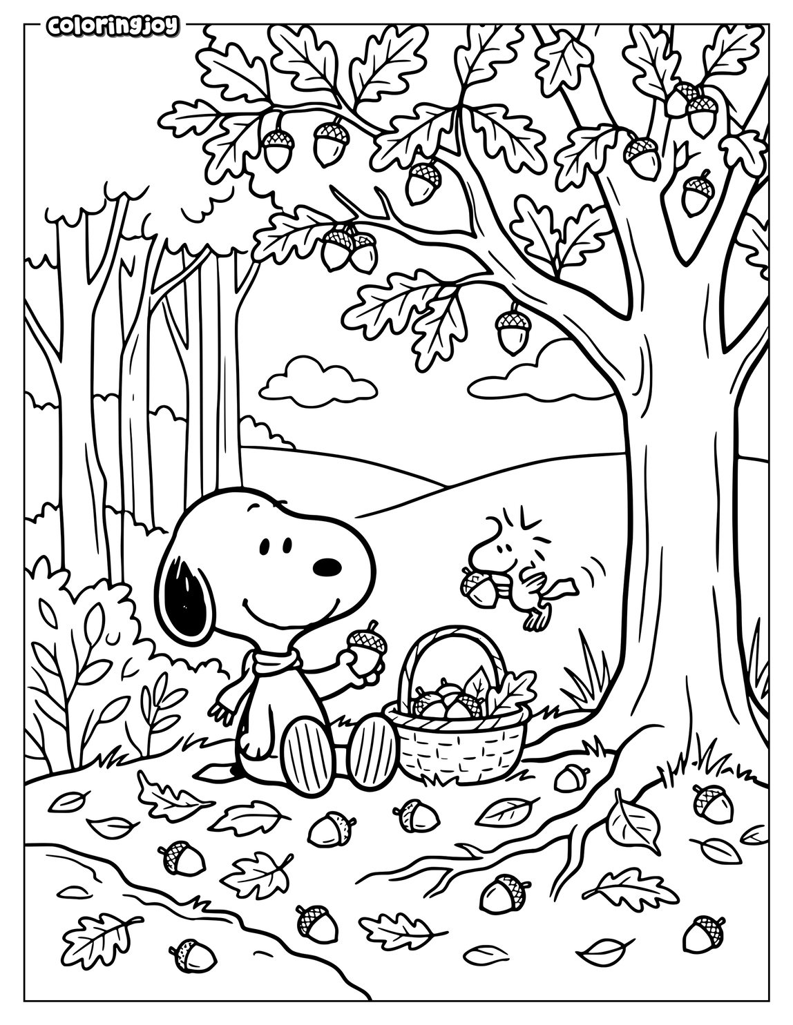 Snoopy and Woodstock collect simple acorns beneath an autumn tree together.