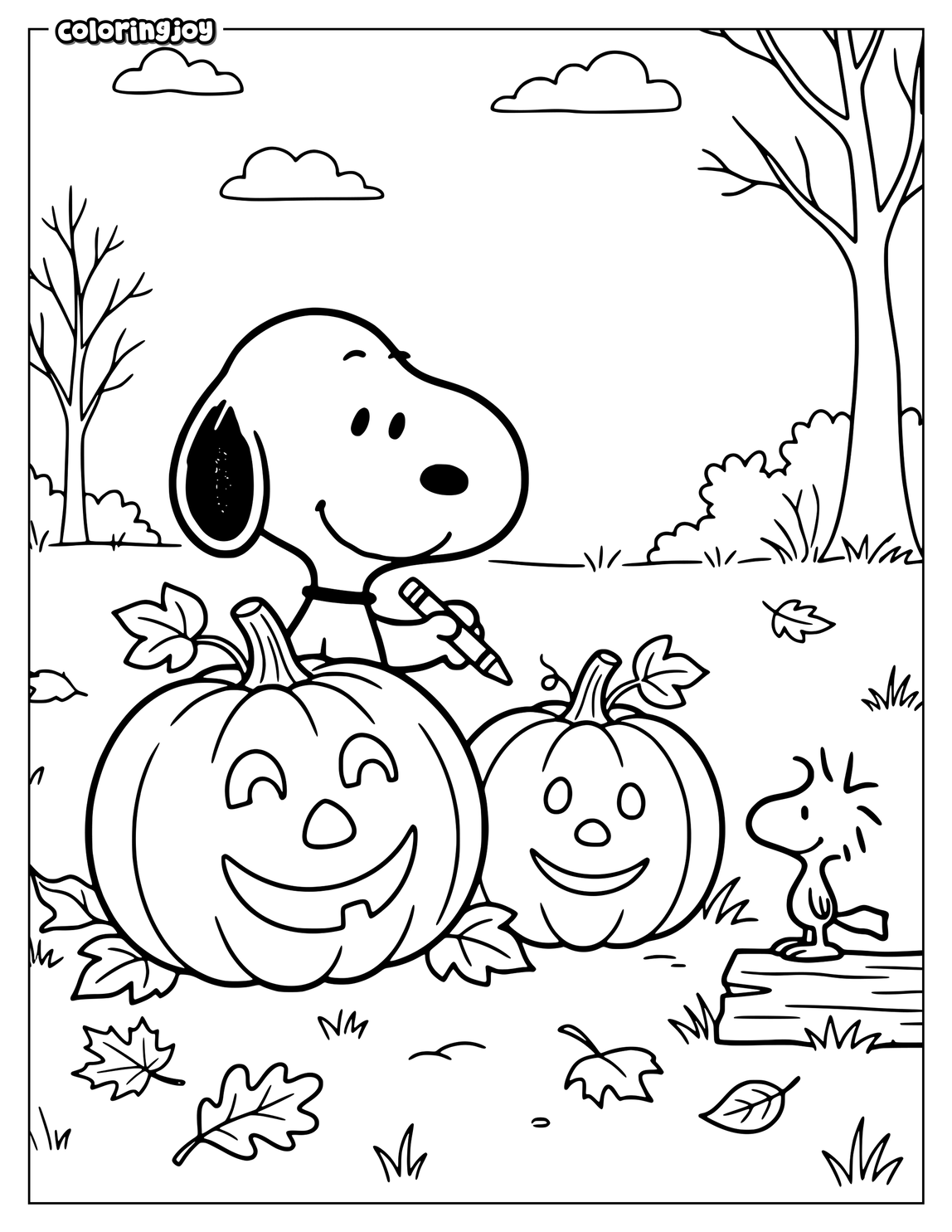 Snoopy decorates pumpkins while Woodstock watches nearby during autumn festivities happily.