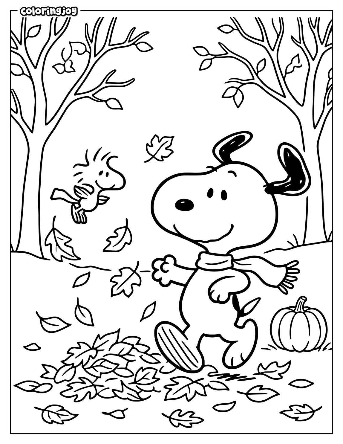 Snoopy and Woodstock enjoy a playful autumn day beneath falling leaves.