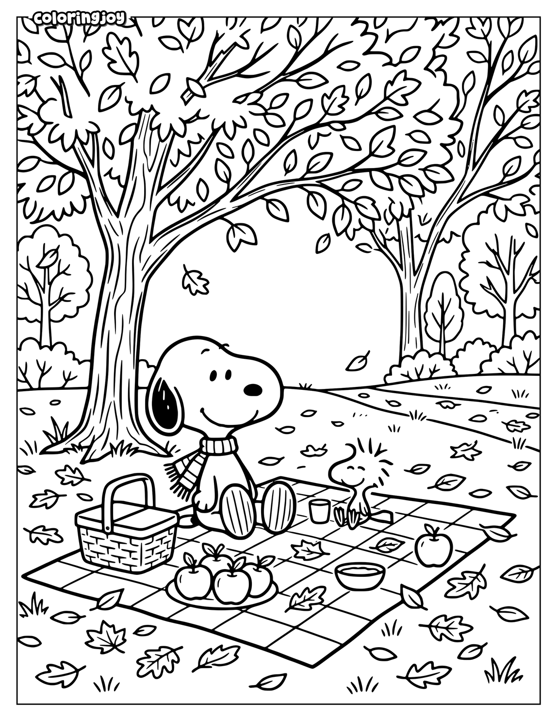 Snoopy and Woodstock enjoy a simple picnic beneath colorful autumn trees.