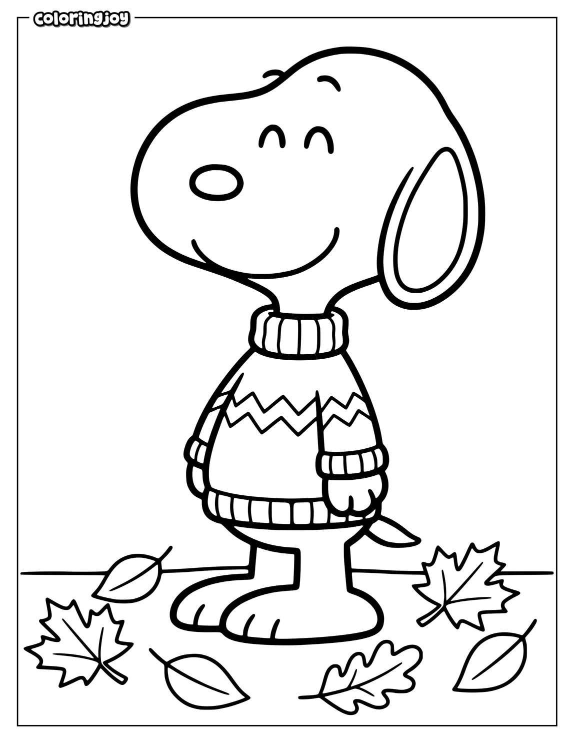 Snoopy wears a cozy sweater while standing among simple autumn leaves.