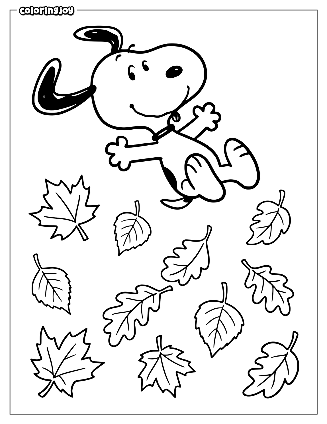Snoopy flies happily with Woodstock above simple autumn leaves below them.