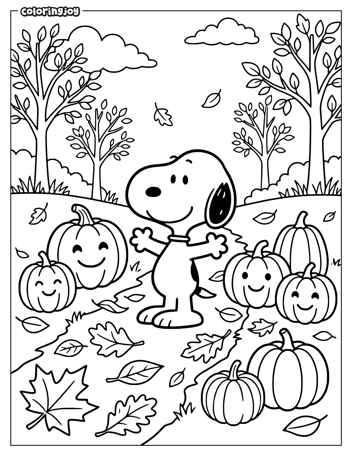Snoopy smiles beside autumn leaves and pumpkins in a cheerful scene.