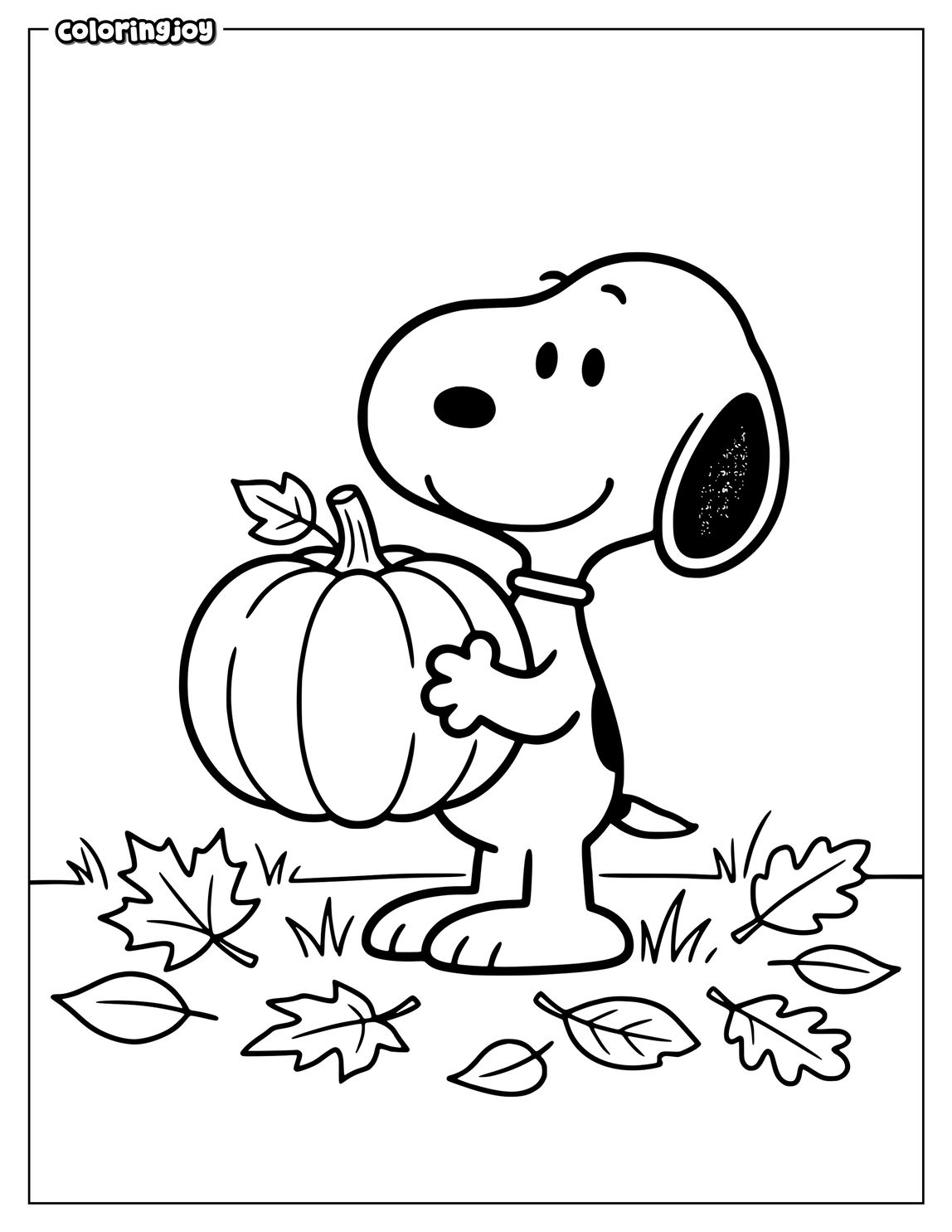 Snoopy holds a small pumpkin beside scattered autumn leaves happily.