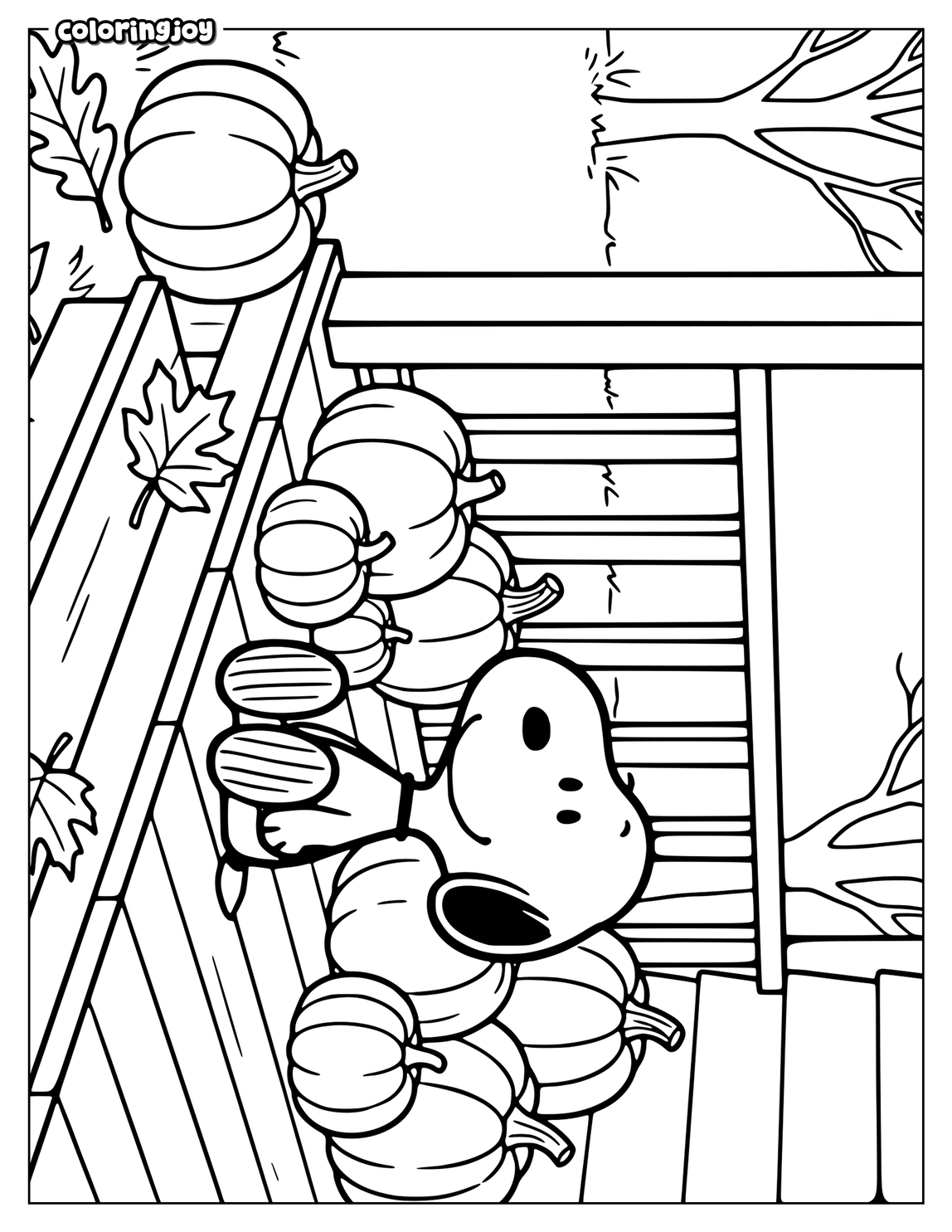Snoopy sits peacefully on a porch surrounded by small autumn pumpkins.