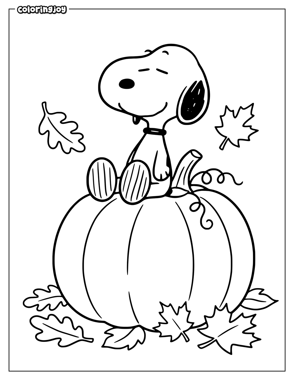 Snoopy relaxes comfortably on a large pumpkin surrounded by autumn leaves.