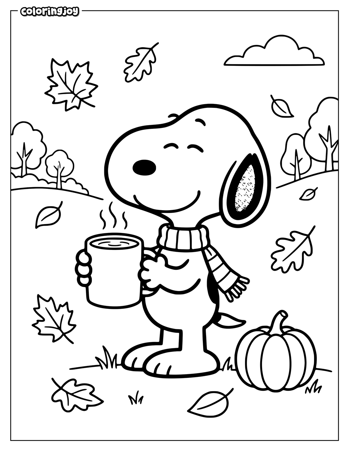 Snoopy holds a warm pumpkin spice drink beside autumn leaves peacefully.