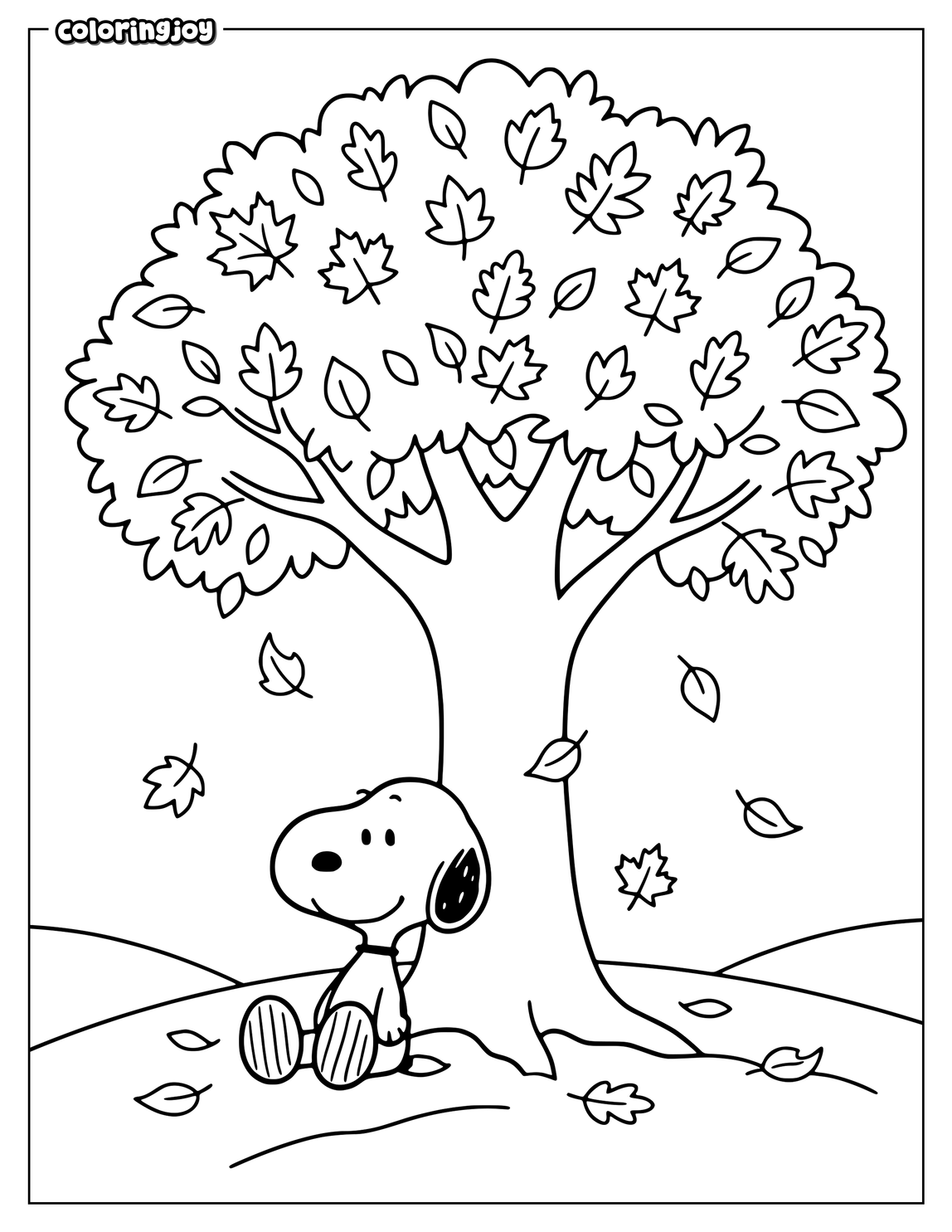 Snoopy sits beneath an autumn tree surrounded by falling leaves peacefully.