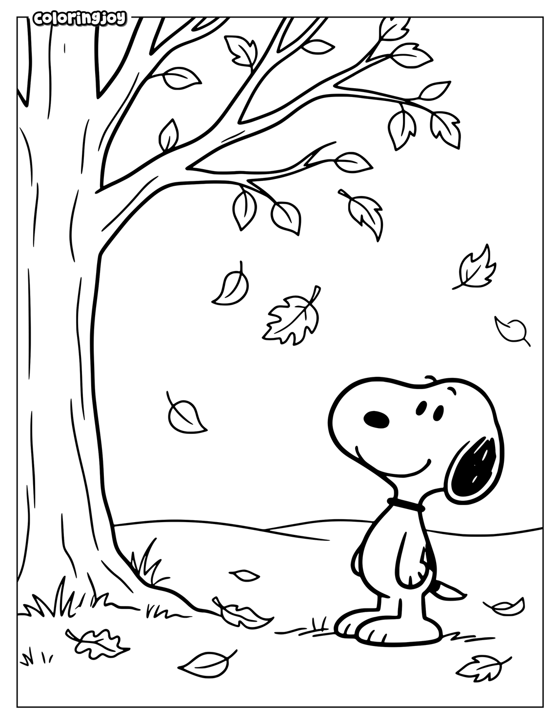 Snoopy watches autumn leaves gently falling from a nearby tree peacefully.