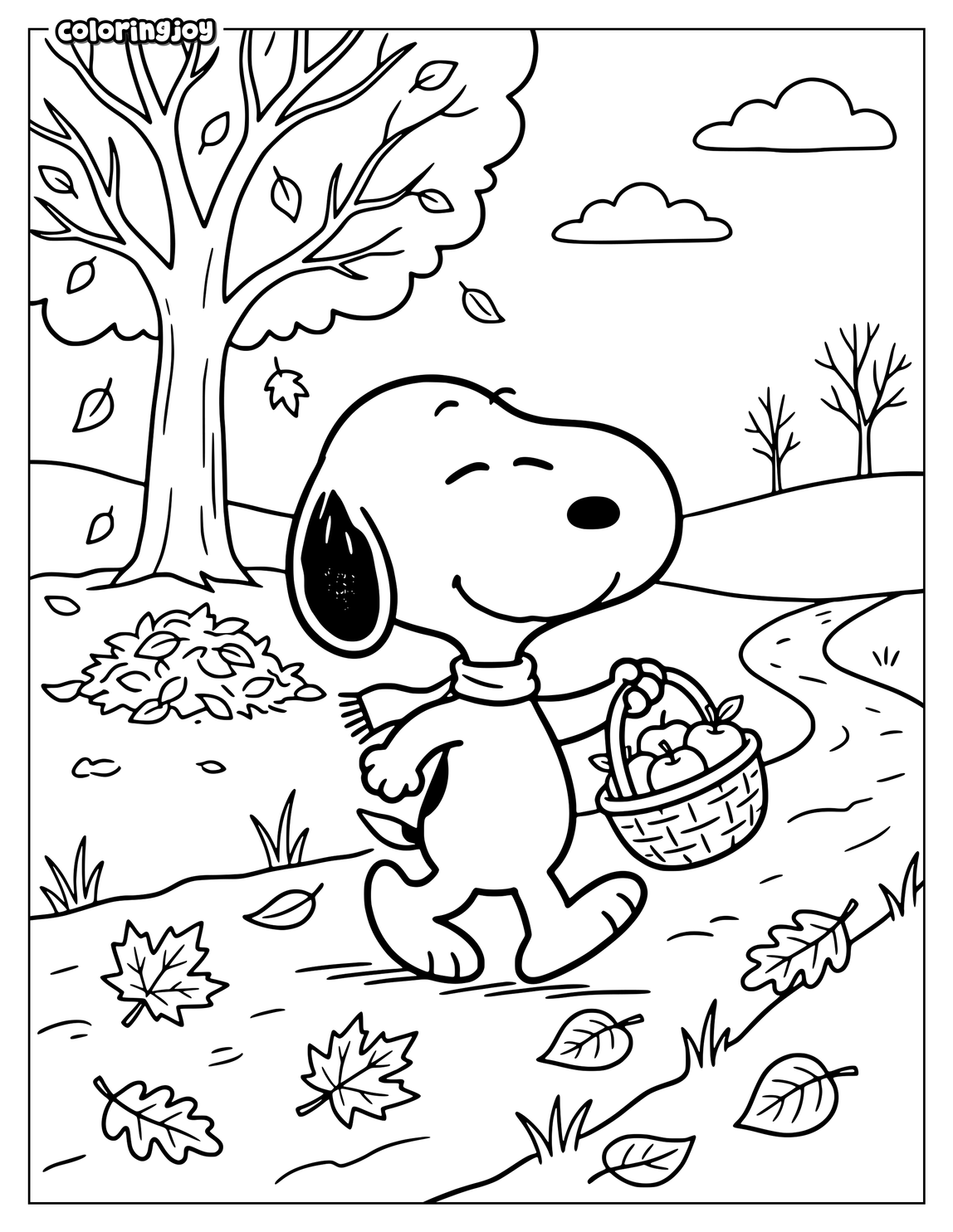 Snoopy carries a small basket filled with apples during autumn harvest.