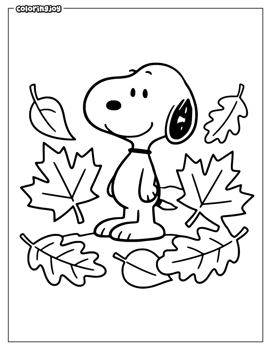 Snoopy stands happily surrounded by large simple autumn leaves outdoors peacefully.