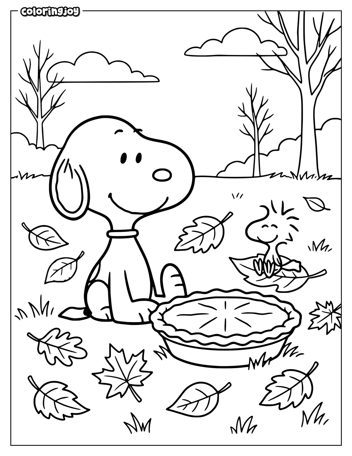 Snoopy and Woodstock enjoy pumpkin pie together during a cozy fall afternoon.
