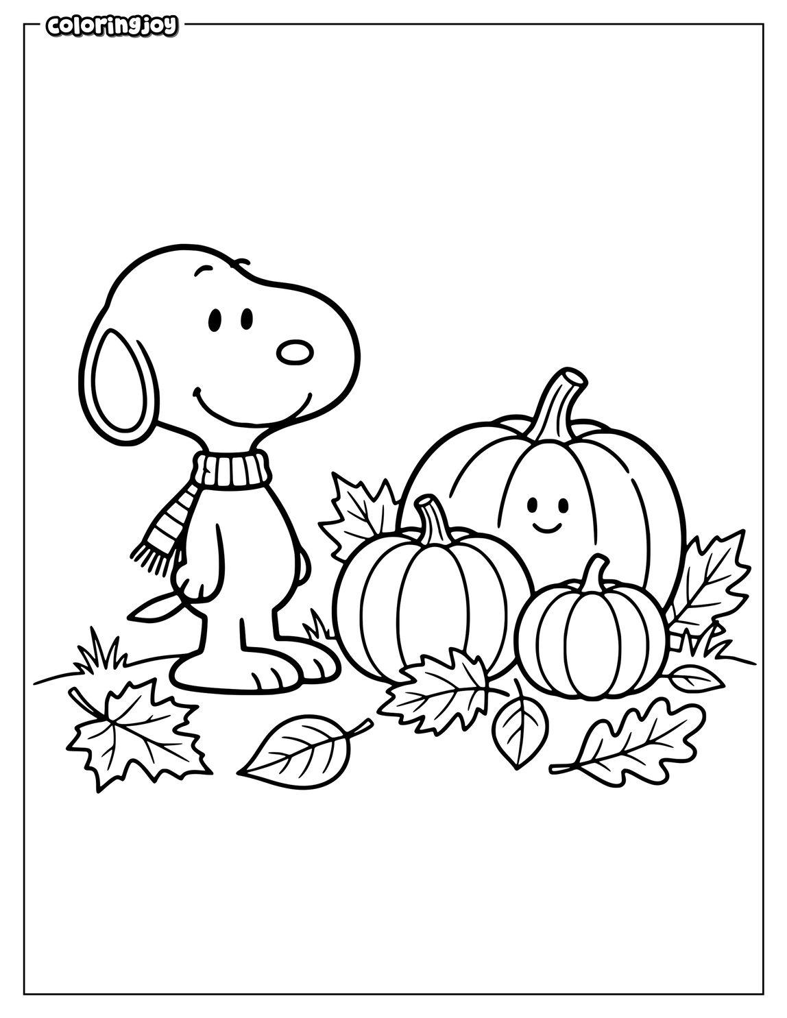 Snoopy stands beside pumpkins and leaves during a peaceful autumn afternoon.