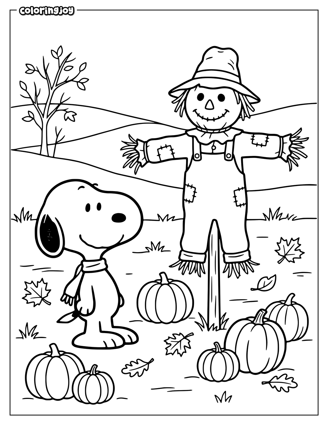 Snoopy stands beside a friendly scarecrow surrounded by autumn leaves.