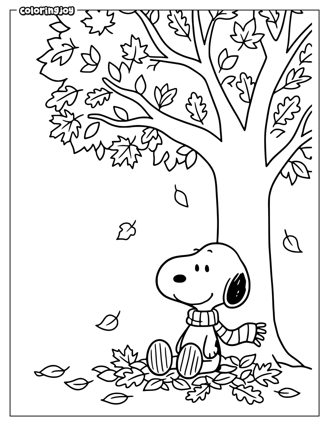 Snoopy wears a warm scarf while standing beneath an autumn tree.
