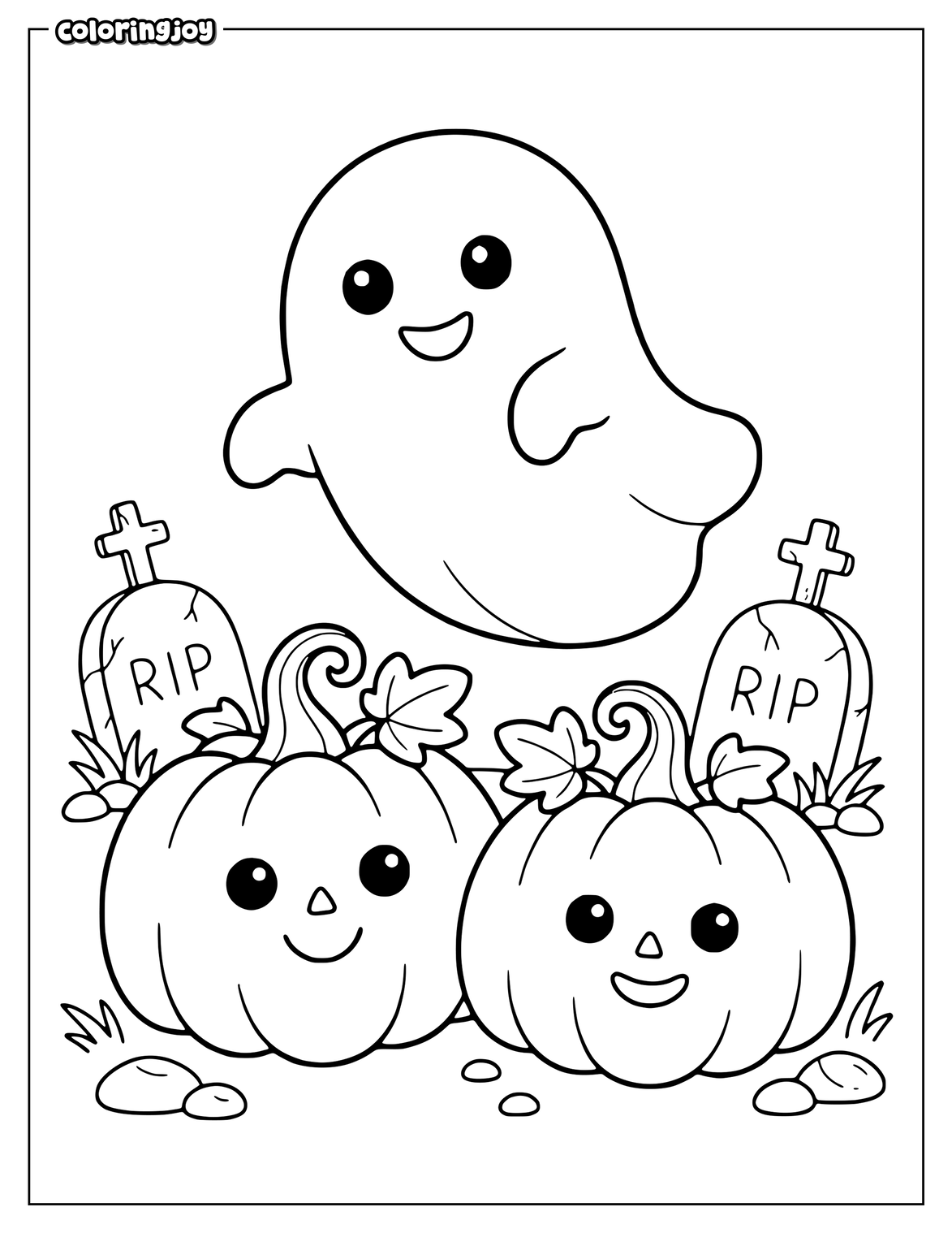 Friendly ghost floats above pumpkins in a Halloween graveyard.